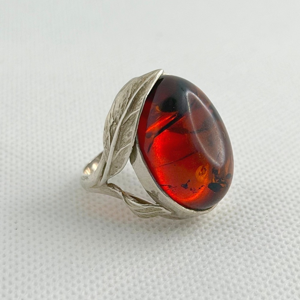 Amber Sterling Silver Leaf Statement Ring Size 7
